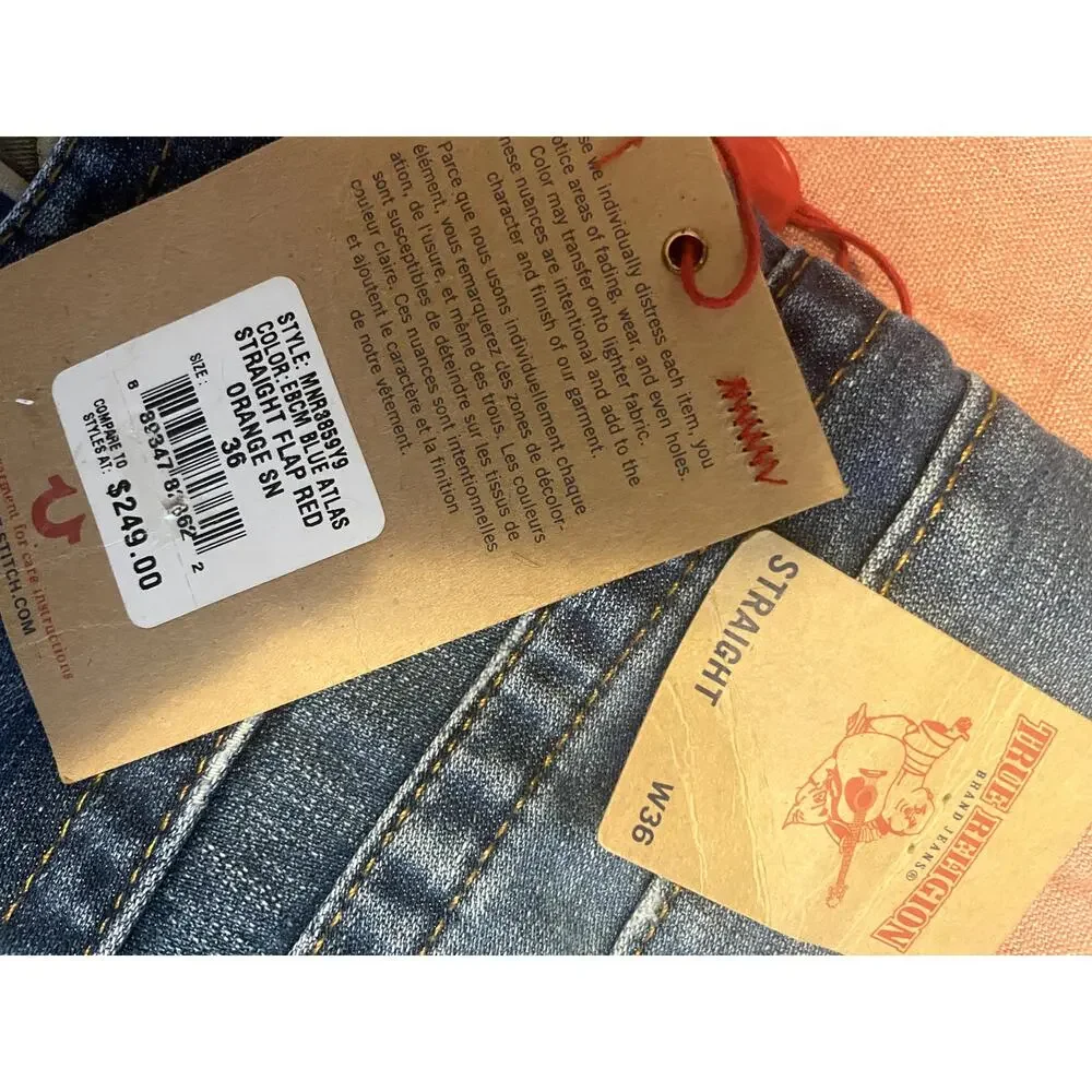NWT True Religion Camo Horseshoe Flap Pocket Straight Leg Jeans size 36